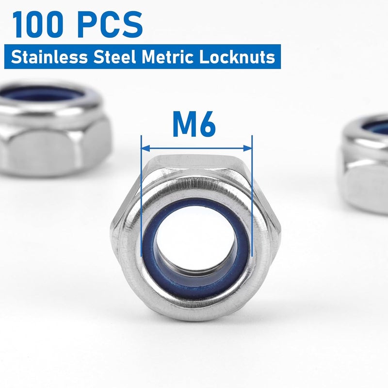 Vmuter 100 Pack M6 Lock Nuts, 304 (A2-70) Stainless Steel Nylon Insert Locknuts,Standard Inch Thread Nylock Nuts - Image 2